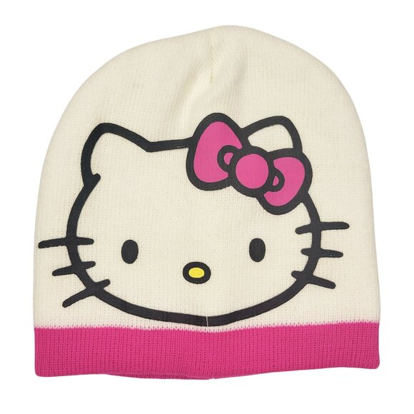 Hello Kitty Face Beanie Hat Hot Pink Bow White - Picture 1 of 8